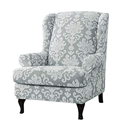 CHUN YI 2-Piece Elegant Jacquard Wing Chair Slipcovers,Wing Back Wingback Armchair Chair with Arms Easy Fitted Sofa Cover Covers,High Elasticity Furniture Protector (Light Gray)