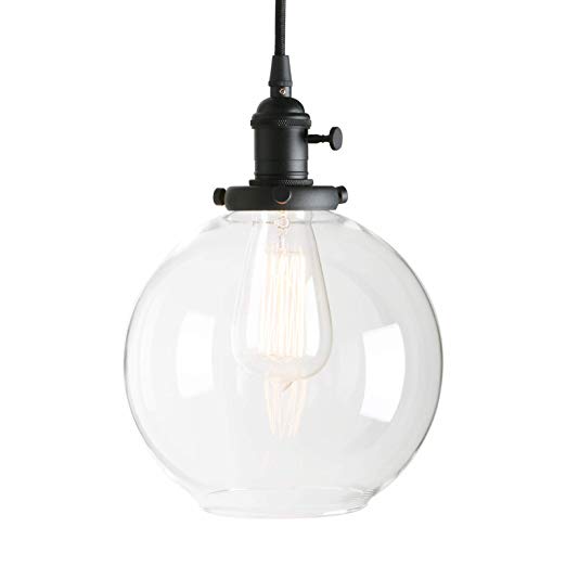 Permo 1-Light Vintage Industrial Clear Glass Hanging Pendant Light with 7.9" Globe Round Shade (Black)