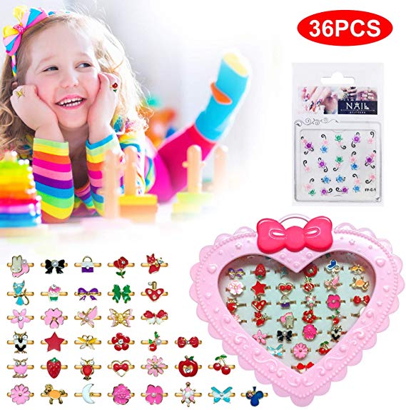 36PCS Kid Jewelry Rings Little Girls Rings with Nail Sticker in Box, Adjustable Rings for Little Girls Jewelry Sets, Dress Up Jewelry Rings Best Gift for Children