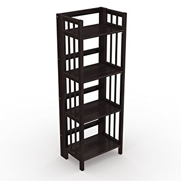 Stony-Edge No Assembly Folding Bookcase, 4 Shelves, Media Cabinet Storage Unit, for Home & Office, Quality Furniture. Espresso Color. 16” Wide.