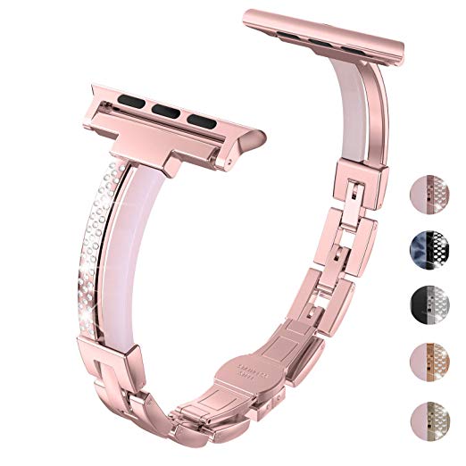 Wearlizer Stainless Steel Compatible with Apple Watch Band 38mm 40mm for iWatch Women Rose Gold Strap Resin and Metal Wristband Jewelry Rhinestone Sleek Bracelet, Link Buckle for Series 5 4 3 2 1