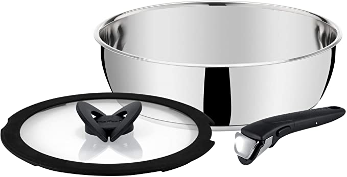 Tefal Ingenio Pro L942S314, 3 pieces set (Stainless Steel Sauté Pans with Glass Lid and Black Handle) - 24 cm - Suitable for All Heat Sources Including Induction