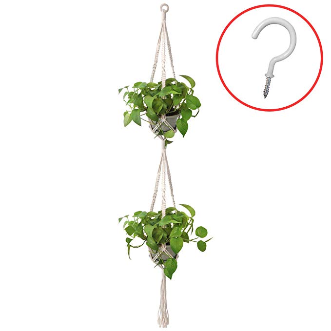 Moyeno Macrame Plant Hangers Indoor Macrame Double Plant Hanger Hanging Planter Indoor Bohemian Decor with Hook, 2 Tier Hanging Plant Holder Durable Cotton Rope,66.9inch