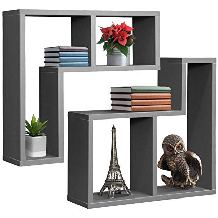 Sorbus Floating Shelf L-Shaped Set — L-Ledge Wall Shelves with 2 Openings, Decorative Hanging Display for Photo Frames, Collectibles, and Home Décor Geometric L-Shape (Set of 2 – Grey)