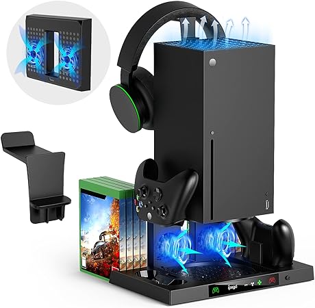 Upgraded Cooling Fan for Xbox Series X with Controller Charging Station Dock, Dual Suction Cooling Fan Stand System with 8 Game Disc Storage Bit, with Headset Hanger for Xbox Series X Accessories