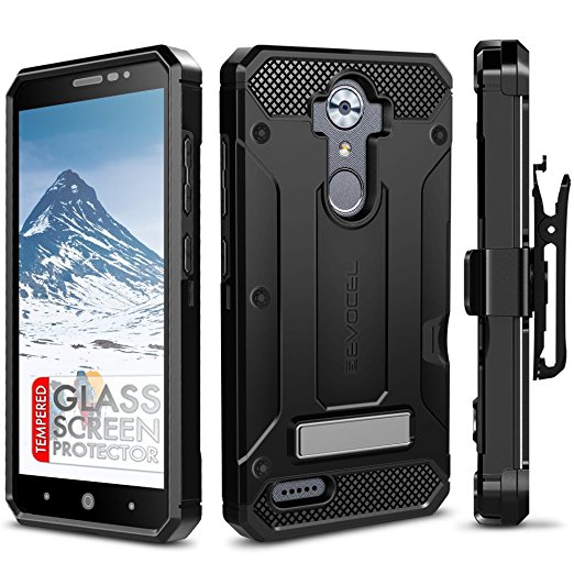 ZTE MAX XL Case Case, Evocel [Explorer Series Pro] with [Glass Screen Protector] Premium Full Body [Metal Kickstand][Credit Card Slot][Holster] For ZTE MAX XL (N9560) / ZTE Blade Max 3 (N986), Black