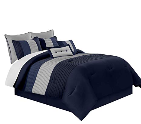 Chezmoi Collection Laura 8-Piece Luxury Striped Comforter Set (King, Navy/Blue/Gray)