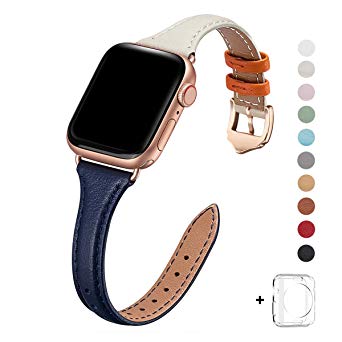 WFEAGL Leather Bands Compatible with Apple Watch 42mm 44mm, Top Grain Leather Band Slim & Thin Wristband for iWatch Series 5 & Series 4/3/2/1(Indigo/Ivory White Band Rosegold Adapter, 42mm 44mm)