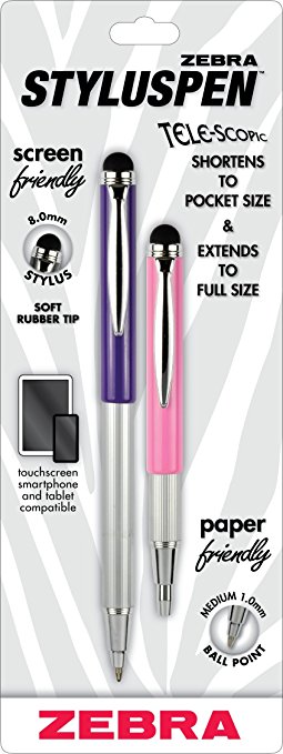 Zebra Telescopic Stylus Pen, Ballpoint, 1.0mm, Black Ink, Pretty in Pink and Sour Grapes, 2-Pack(33672)