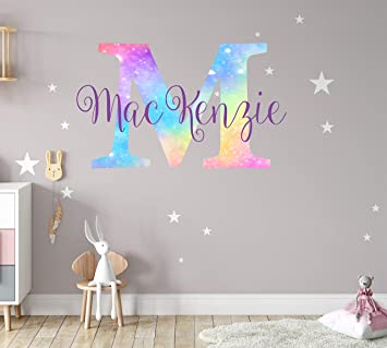 Girls Nursery Shimmer Rainbow Printed Initial and Stars Custom Personalized Name and Initial Vinyl Wall Decal, Decor for Babies Wall Sticker (X Large)