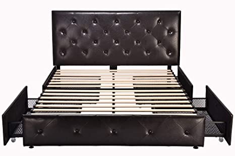 Allewie Queen Platform Bed Frame with 4 Drawers and Headboard/Diamond Stitched Button Tufted Upholstered Mattress Foundation with Storage, Espresso Faux Leather