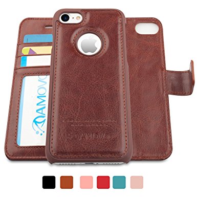 AMOVO iPhone 7 Case, iPhone 7 Wallet Case [Detachable Wallet Folio] [2 in 1] [Premium Vegan Leather] iPhone 7 Flip Cover with Gift Box Package (iPhone 7 (4.7") Brown)