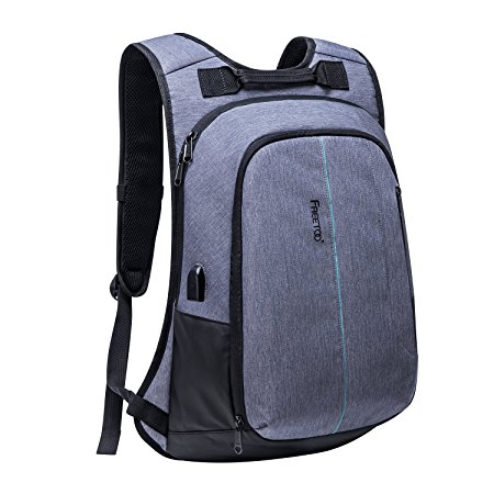 FREETOO Slim Business Laptop Backpack fits 15.6" School Daypack Water Resistant extended Capacity with USB Port and Sucker Grey