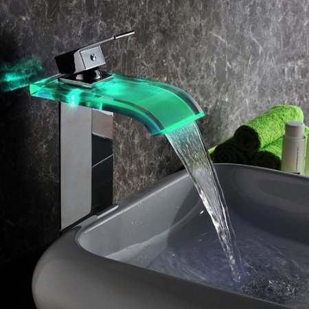 Wovier LED Water Flow Chrome Waterfall Bathroom Sink FaucetColor ChangingSingle Handle Single Hole Vessel Lavatory FaucetBasin Mixer Tap Tall Body
