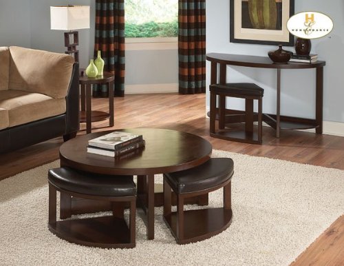 Homelegance Brussel II Round Cocktail Table with 4 Ottomans in Cherry