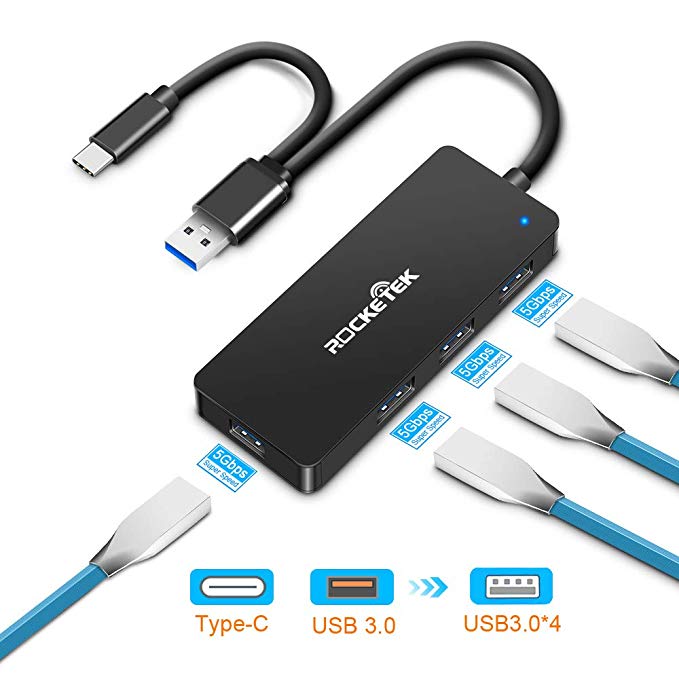 USB hub USB C Hub,rocketek Ultra Slim USB Type C Adapter with 4 USB 3.0 Ports for iMac Pro, MacBook Air, Mac Mini/Pro, Surface Pro XPS, Samsung S9, S8 & More USB Type C Devices [Upgraded Version]