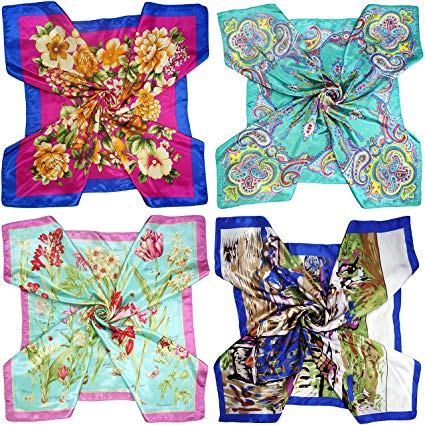 4 Pc Set Large 35 × 35 inches Satin Square Scarves Neck Hair Head Scarf Bundle