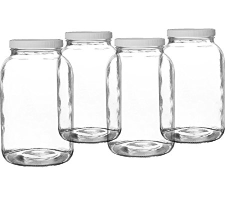Pakkon Wide Mouth Glass Mason Jar with PlasticLid/Ferment & Store Kombucha Tea or Kefir/Use for Canning, Storing, Pickling & Preserving Dishwasher Safe, Airtight Liner Seal, 1 gallon (4 Pack)