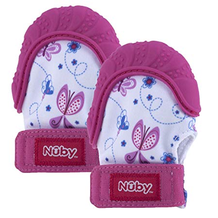 Nuby Soothing Teething Mitten with Hygienic Travel Bag, Pink (2 Pack)