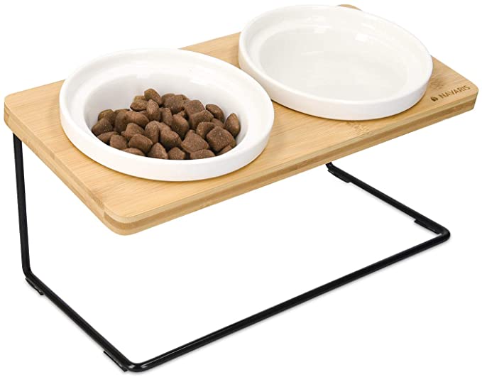 Navaris Bamboo Raised Double Dog Bowl Stand - Feeding Station for Cats and Dogs - Elevated Twin Ceramic Food or Water Bowl Holder with Non Slip Pads