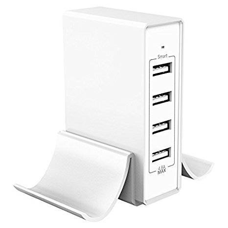 Usb Charger,4-Port USB Charger Desktop Charger Charging Station with Phone Stand Usb Adapter for iPhone X/8/7/6s/Plus,iPad Pro/Air/mini,Galaxy S7/S6/Edge/Plus,Note 8/7,LG,Nexus,HTC and More-White