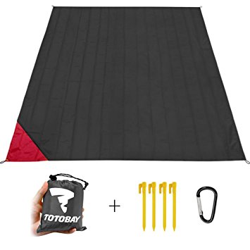 [Newest Design] TOTOBAY 63"x55" Dual-Purpose Beach Picnic Blanket with Rain Poncho, Includes Anchoring Loops, Ground Stakes and Carabiner - Waterproof and Sandproof (Black)