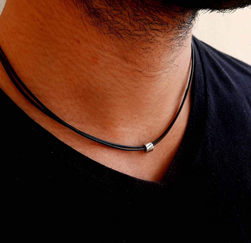 Handmade Black Fabric Necklace For Men Set With a Stainless Steel Bead By Galis Jewelry - Black Necklace For Men - Vegan Necklace For Men - Jewelry For Men