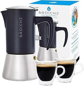 GROSCHE Milano Steel 6 espresso Cup Stainless Steel Black Stovetop Espresso maker moka pot and Turin Set of 2 double walled glass Double Shot espresso cups