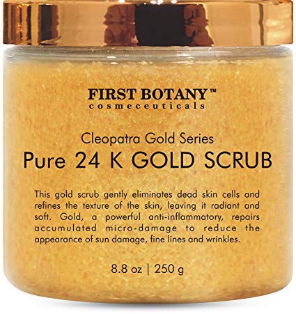 The BEST 24K Gold Scrub for Face and Body 8.8 oz reduces the appearance of Sun Damage, Fine Lines and Wrinkles- Powerful Body Scrub Exfoliator and Daily Moisturizer For All Skin Types