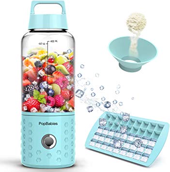 PopBabies Personl Blender, Smoothie Blender for Single Served, USB Rechargeable Portable Blender for Shakes and Smoothies, Stronger and Faster with Ice Tray Funnel Recipe, Carolina Blue(FDA BPA Free)