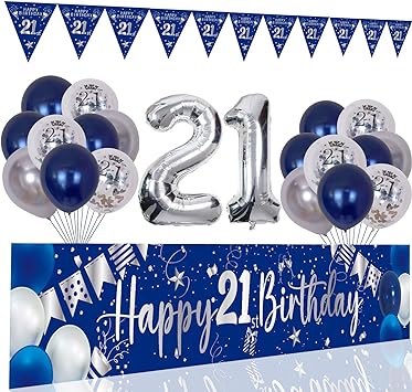 21st Birthday Decorations for Boys and Girls Blue, Happy 21st Birthday Backdrop Banner Balloons 21 Years Old Party Supplies with HAPPY BIRTHDAY Banner Silver 21 Birthday Decor 21st Bday Women Her Him