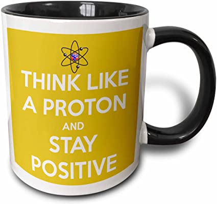 3dRose 173352_4 Think Like A Proton And Stay Positive Yellow Two Tone Mug, 11 oz, Black