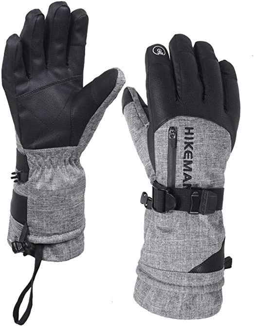HIKEMAN Winter Snowboard Ski Gloves with Pocket Waterproof Breathable Thermal Thinsulate Gloves Mens，Warm Gloves for Skiing, Snowboarding, Cycling and Other Winter Sport Activities