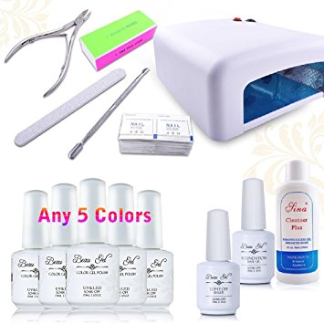 Beau Gel (Pick Any 5 Colors) UV LED Soak off Gel Nail Polish 15ml Nail Salon Kit with Base Top Coat 36W UV Nail Lamp Plus Manicure Nail Tools