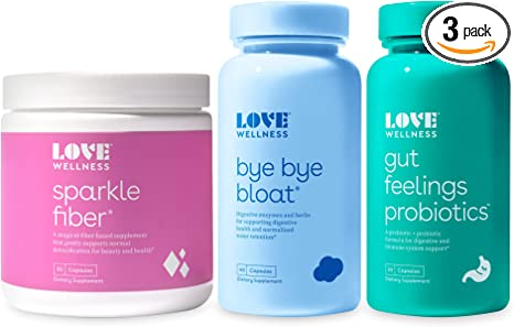 Love Wellness Bloating Kit - Bye Bye Bloat, Sparkle Fiber Pills, & Gut Feeling Probiotics - Digestive Enzymes Supplement for Bloating, Gas Relief, Overall Digestive Health & Strong Immune System