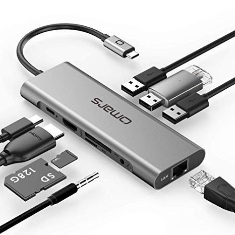 USB C Hub Adapter Omars Type C Docking Station Hub with USB C Power Delivery, 4K HDMI, 1000Mbps Ethernet LAN Port, 3,5mm Aux, 3X USB 3.0, TF/SD Card Reader for MacBook and More USB C Devices