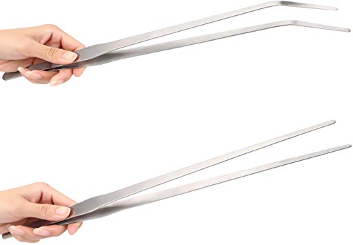 Feeding Tongs 15" 2 Pcs Super Thick Stainless Steel Forceps Curved and Straight Snakes, Reptile, Lizards, Gecko, Spider Long Tweezer