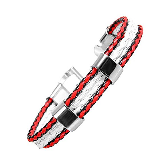 Cool Men's Genuine Leather Cuff Bracelet with Stainless Steel 8 Inch (White, Red, Black)