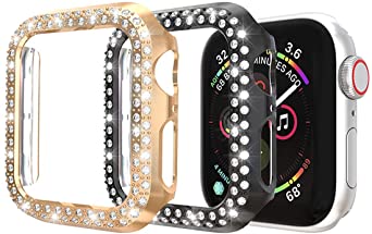 2Pack Protector Case Compatible with Apple Watch Series 5 Series 4 44mm Cover, Double Row Bling Crystal Diamonds Protective Cover PC Plated Bumper Frame