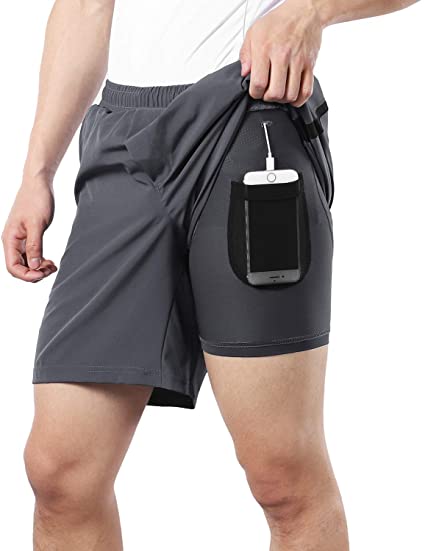 BERGRISAR Men's 7 Inches Active Running Shorts 2 in 1 with Phone Pocket BG600