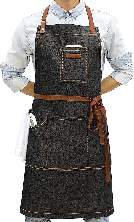 DingSay Trendy Denim Kitchen Apron with Pockets, Mens Womens Professional Cooking Bib Apron for Chef Grill BBQ, with Towel Loop and Adjustable Neck Straps