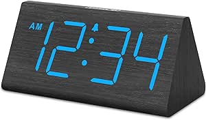 DreamSky Wooden Digital Alarm Clocks for Bedrooms - Electric Desk Clock with Large Numbers, USB Port, Battery Backup Alarm, Adjustable Volume, Dimmer, Snooze, DST, Wood Décor, 12/24H (Blue)