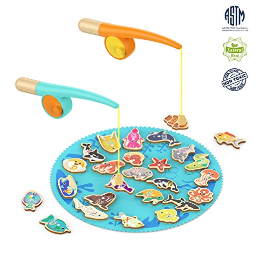 TOP BRIGHT Magnetic Wooden Fishing Game For Toddler Fish Toy For 2 3 4 Year Old Boy Gifts Catch And Count With 26 Ocean Animals And 2 Rods