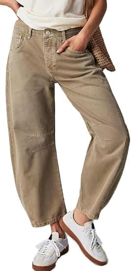 Women's Baggy Boyfriend Jeans Mid Rise Barrel Jeans Wide Leg Loose Y2k Cropped Denim Pants with Pockets