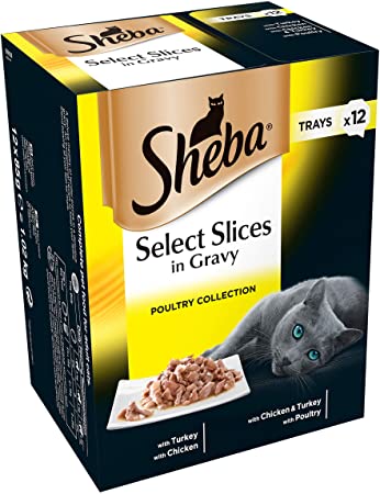 Sheba Select Slices in Gravy, Poultry Selection, Wet Cat Food Trays for Adult Cats, 48 x 85 g Pack