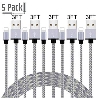 iPhone Fast Charger, MFi Certified Lightning Cable 5 Pack [3 FT] Extra Long Nylon Braided USB Charging & Syncing Cord Compatible with iPhone Xs/Max/XR/X/8/8Plus/7/7 Plus/6S/6S Plus/iPad(White&Gray)