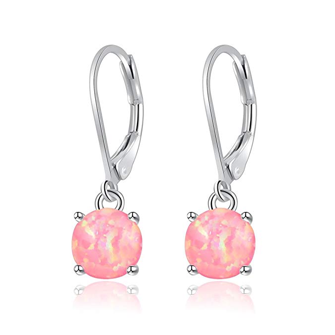 CiNily Round-Cut Opal Dangle Earrings, Blue/White/Pink Fire Opal Rhodium Plated Women Jewelry leverback Gems Drop Earrings