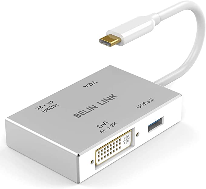 BELIN LINK USB C to HDMI DVI VGA USB 3.0 Adapter,USB 3.1 Type-C 4in1 Hub to HDMI DVI 4K VGA USB Adaptor Converter (Thunderbolt 3 Compatible), USB-C Adapter for MacBook/MacBook Pro air/Surface pro