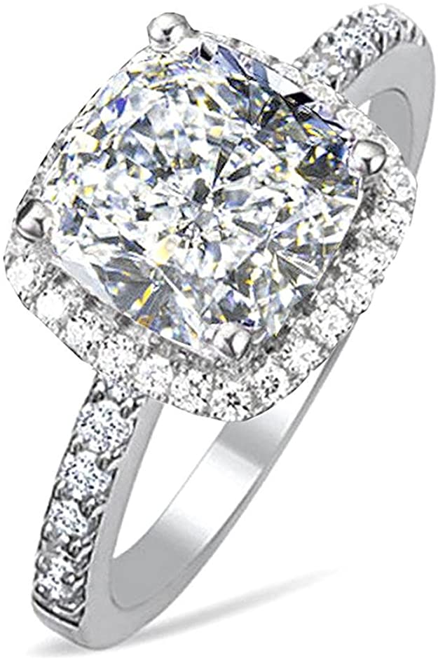 Diamonbella 101 Facets 2 Carat Princess Cushion Cut NSCD Simulated Diamond Ring 925 Silver Platinum Plated Halo