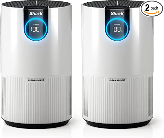 Shark HP102PK2 Clean Sense Air Purifier for Home, Allergies, 2 Pack, HEPA Filter, 500 Sq Ft Small Room, Bedroom, Office, Captures 99.98% of Particles, Dust, Smoke, Allergens, Portable, Desktop, White